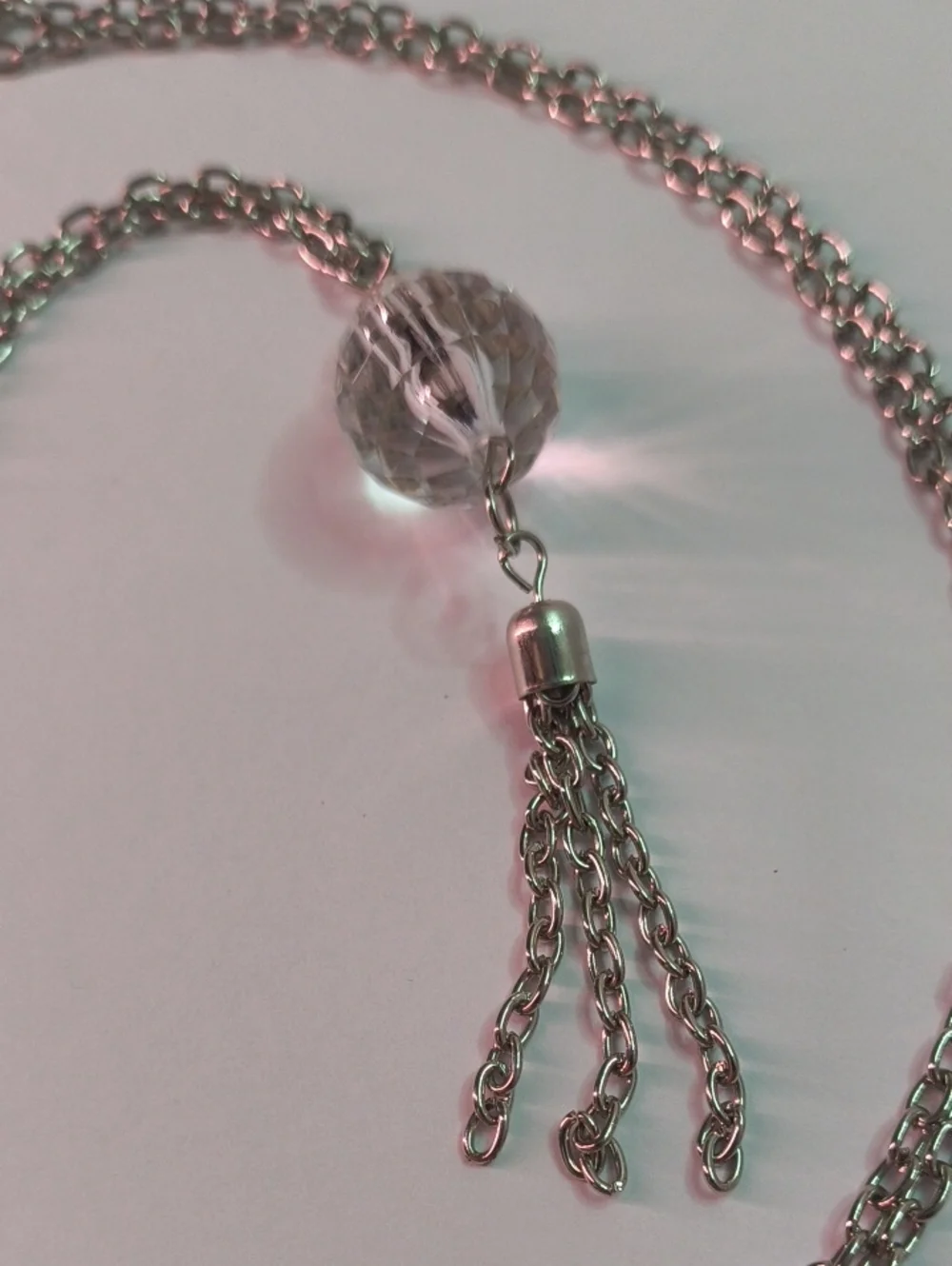 Delicate Silver-Tone Long Necklace with Pink & Clear Crystal Ball Tassel Pendant